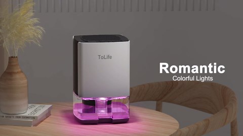 ToLife Dehumidifiers for Home 30 OZ Water Tank with Auto-Off 500 sq.ft Portable Small Dehumidifier for Bathroom Bedroom RV Closet Room 7 Colors LED Light, Gray