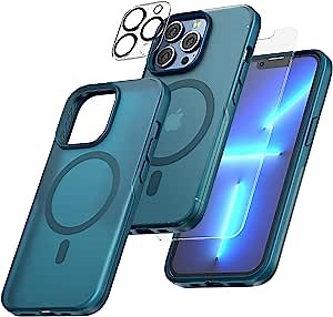 Amazon.com: TAURI 5 in 1 Magnetic for iPhone 13 Pro Case [Designed for Magsafe] with 2 Screen Protector + 2 Camera Lens Protector, [Military Grade Protection] Translucent Matte Slim Cover 6.1 Inch, Blue : Cell Phones & Accessories