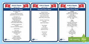 Titanic First Second And Third Class Role Play Menus