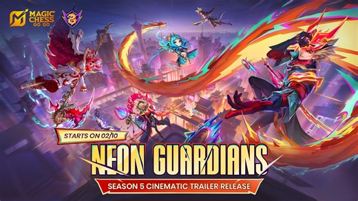Magic Chess: Go Go (MCGG) is a new Auto Battler game developed by the original MLBB team. Neon Guardians cinematic trailer officially released! In neon-lit nights, legends of heroes begin to take shape. Some claim to have seen masked guardians leaping between buildings. Others whisper of a girl who brings light, and her companions, quietly watching over the city from shadowed alleys and drifting mist. Their footprints mark the damp streets, reflecting the shifting neon lights, merging into the e