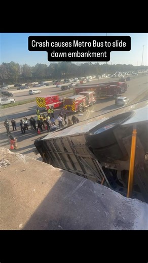 Joy Addison on Instagram: "Metro bus slides down an embankment after being involved in a crash on McGowan near 288. 13 passengers have been transported to the hospital. • • #news #crash #publictransportation #htx #houston"