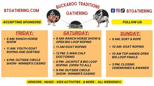 Buckaroo Traditions Gathering highlights and honors Buckaroo traditions and art forms that have been used in ranching over 150 years, that was handed down form the old Californios. This big loop roping and cattle handling competition will replicate the real-life working situations of the working buckaroo carried out on the large ranches across the Great Basin. Come out and enjoy unparalleled gathering space for Buckaroos, Cowboys, Cowgirls, Western tradition enthusiasts on November 17 — 19, 2023