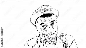 Emoji clown CARTOON (Black White) - Crying Face. A mime clown sad with a lot of tears running from one eye, down the cheek slowly. Hurt and upset. (Closeup)