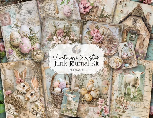 Vintage Easter Junk Journal Kit: Pastel Spring Collage Printable Pages & Ephemera