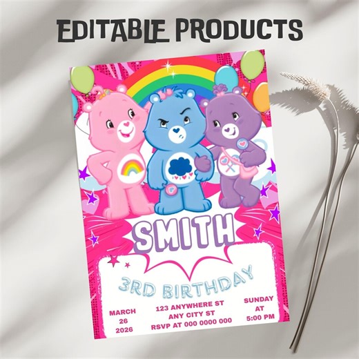 Care Bears Birthday Invitation, Printable Editable Birthday Party Invite, Digital Party Invitation Template, Care Bears Invitation Card - Etsy