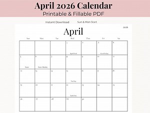 April 2026 Printable Calendar, Fillable Monthly Planner, Minimalist Calendar, Sunday & Monday Start, A4 and US Letter PDF, Instant Download - Etsy
