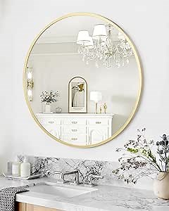 Round Mirror, 18 inch Round Bathroom Mirror for Over Sink, Gold Metal Frame Round Wall Mirror, Circle Mirrors for Wall, Bathroom Vanity Mirror, Decorative Mirrors for Living Room, Bedroom, Entryway
