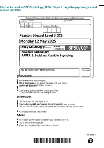 EDEXCEL As Level Gce Psychology Paper 1 8ps0 01 Social And Cognitive Psychology May 2025