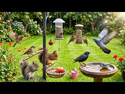 4K Peaceful Backyard Squirrels & Birds 🐿️🐦 Cardinals, Blue Jays & Goldfinches | Nature Sounds