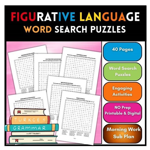 Figuarative Language Word Search Activities Morning Work 4th,5th,6th,7th,8th,9th