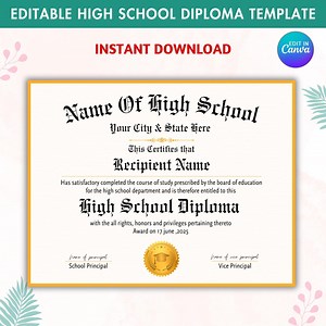 Editable High School Diploma Template, Home School Diploma, High School Diploma, Diploma Replica Template, Digital Download Template - Etsy