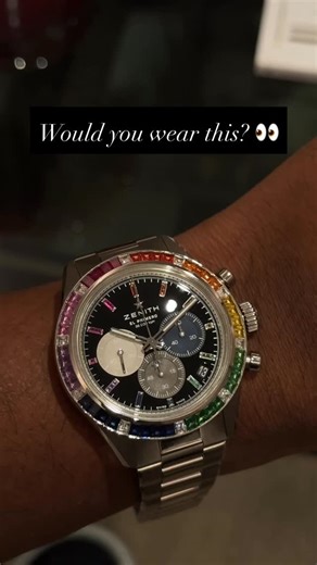 Rohit Sachin on Instagram: "Got a chance to spend some time with the Zenith El Primero Chronomaster Sport Boutique Edition “Rainbow”. It comes in a 41mm white gold case with a matching bracelet and a bezel set with baguette white diamonds and rainbow sapphires. The black lacquer dial carries Zenith’s signature tricolour chronograph registers along with rainbow sapphire hour markers. Inside is the El Primero 3600 calibre, a high frequency automatic chronograph movement with 1/10th of a second tim