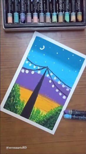 🌙✨ Easy Night Sky Scenery Drawing with Fairy Lights | Oil Pastel Art Tutorial for Beginners 🎨