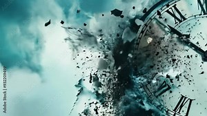 A clock exploding into fragments in mid-air with dramatic lighting, captured with a zoom-out camera movement Stock Video