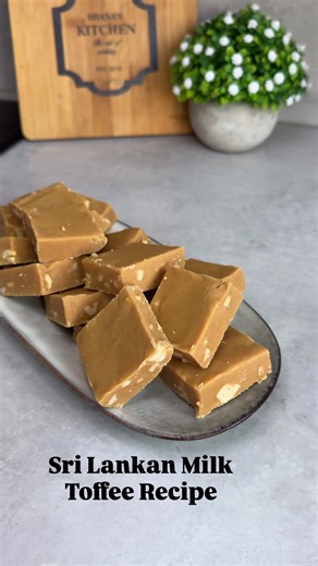 Fail-proof Sri Lankan Milk Toffee Recipe ~Like & Save Now~~ Sri Lankan milk toffee is a traditional sweet made from condensed milk, sugar, butter, and cardamom, often with roasted cashews. It has a rich caramel flavour, soft chewy texture, and is especially popular during festive occasions. Milk Toffee Recipe Ingredients \t•\t395 g condensed milk (full fat) \t•\t50 g butter (divide into two parts • 220 g sugar \t•\t1 tsp cardamom powder \t•\t1 tsp vanilla essence \t•\t½ cup water \t•\t50 g roast