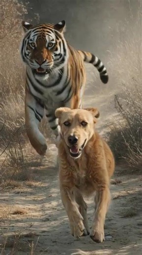 A dog being chased by tiger.