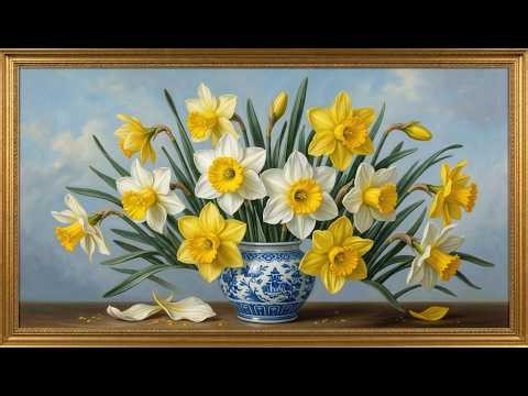 🌸 White & Yellow Narcissus in Blue Porcelain | 4K Frame TV Art | Oil Painting Still Life | 3 Hours