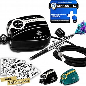 SAMIJO Airbrush Set mit Kompressor, leise, kompakt, vielseitig, Airbrush-Set für Einsteiger, inkl. [DIY SCHABLONEN] Dein Komplettset für Modellbau, Haut, Nails und vieles mehr, schwarz