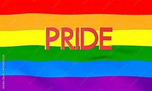 Waving Pride Flag: A vibrant rainbow flag, symbolizing LGBTQ+ pride, waves proudly, the word "PRIDE" emblazoned across it.