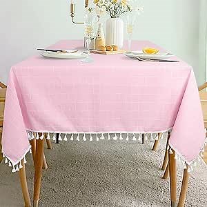 ShinyBeauty Baby Pink Table Cloth 55"X55" Pink Gingham Tablecloth Square Blush Pink Checkered Tablecloth Wrinkle Resistant Table Cloth Tassel Tablecloths for Holiday Baby Shower
