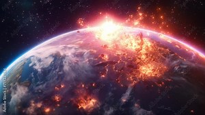 A catastrophic explosion on Earth seen from space. Fire engulf the planet.