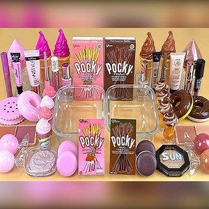 64K views · 930 reactions | Pocky CHOCOLATE vs STRAWBERRY SLIME - Mixing makeup and glitter into Clear Slime Satisfying Slime | Luxury Cosmetics | Facebook