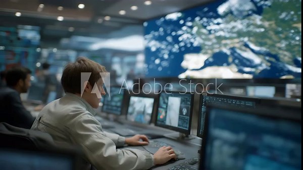 Futuristic command center with AR overlays depicting CO2 levels, wind currents, and climate anomalies, emotion of concentration and innovation visible, representing global climate monitoring,