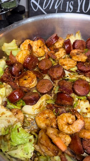 Fried Cabbage with Shrimp, Sausage, and Bacon Recipe