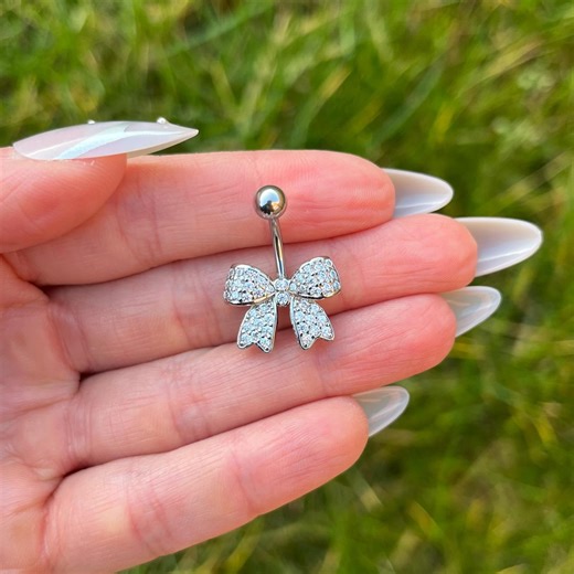 Bow Belly Button Ring With Crystal Gems: Surgical Steel Navel Piercing - Etsy