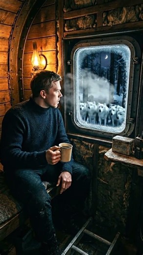 Steel Treehouse Between Frozen Norwegian Pines. Arctic Wolf Pack Below.