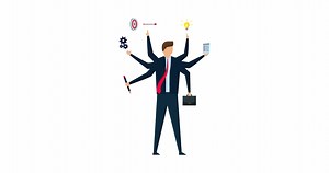 Download 4k animation of Work productivity and efficiency, smart businessman with multi hands with productive tools calendar, alarm clock, pencil, target arrow, and bulb. for free
