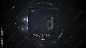 Mendelevium as Element 101 of the Periodic Table. Seamlessly looping 3D animation on silver illuminated atom design background orbiting electrons name, atomic weight element number in russian language