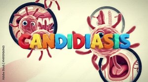 Candidiasis Animation with Bold Cartoon Text Over Yeast Shapes and Skin, Mouth, Genital Diagrams on Beige Background