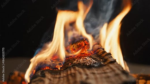 Close-up view of a burning log in a fireplace with vibrant flames and rising smoke for warmth