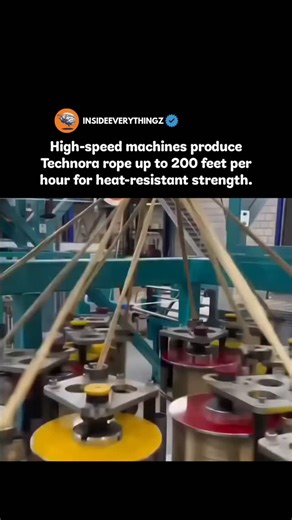 Explore l Learn l Facts on Instagram: "High-speed rope-making machines spin, twist, and weave Technora fibers into an incredibly strong, heat-resistant rope at a speed of nearly 200 feet per hour. Each strand is pulled under precise tension, braided together at exact angles, and compacted to create maximum durability without adding extra weight. Technora rope is used in extreme environments — from rescue operations to aerospace — because it can withstand intense heat, heavy loads, and constant s
