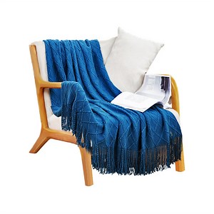 SOGA Royal Blue Diamond Pattern Knitted Throw Blanket