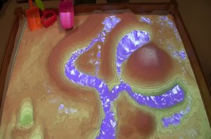 Augmented reality sandbox with real-time water flow simulation.