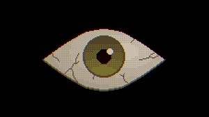 Animated pixel eye blinking with glitch effect. Looping animation of retro TV screen display with eyeball winking with noise and color distortion on black background.