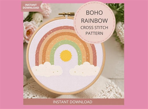 Boho Chic Rainbow Cross Stitch Pattern PDF, Nursery Wall Decor, Modern Rainbow Embroidery Chart, DMC Floss List - Etsy