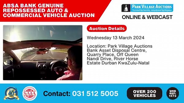 Join us on 13 March 2024, for our Absa Durban Webcast Auto & Commercial Vehicle Auction! Visit https://bit.ly/3PbWEt5 for more details | Park Village Auctions