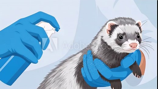 Cute ferret gets a bath or is being sprayed with flea and tick medication animated cartoon