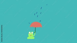 Happy frog mascot under umbrella in rain. Funny cartoon stop motion graphics animation in children style.