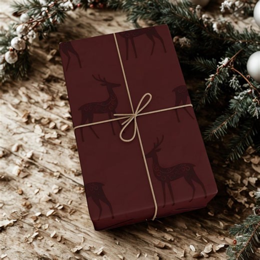 Elegant Reindeer Christmas Wrapping Paper | Maroon and Burgundy Gift Wrap | Elegant Reindeer Design | Holiday Gift Wrap | Vintage Packaging - Etsy