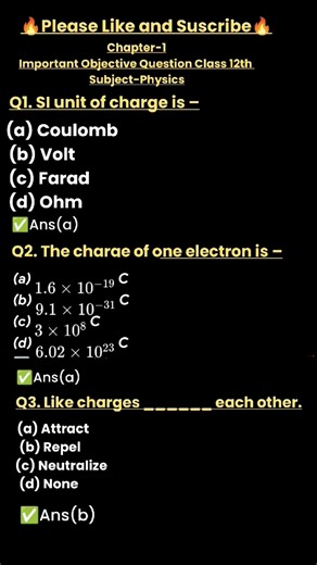 Class 12th Physics Chapter 1 Important Objective Question #viral #question #class 12th #pyq #exam