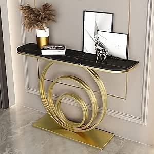KWOKING Glam Half-Circle Top Slate & Abstract Metal Base Console Table for Hall Porch Table Semi-Circle Entry Into The Home Ultra-Narrow Cabinet Porch Table Gold Base Gold Top 39" L x 12" W x 31" H