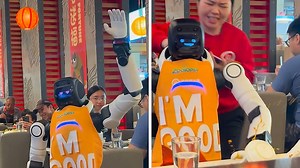 Dancing robot dragged away by waitress after it smacks food off table