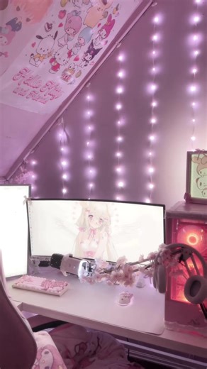 i love these new lights , i’m going to put more cherry blossoms in between them when they come in the mail ^_^ #fyp #pcsetup #canopy #gaming #cutecore🍮🐇🎀🎧
