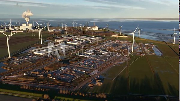 Aerial drone video overview of a new data center facility in Eemshaven, Netherlands, built for servers, machine learning, and big data infrastructure, reflecting huge digital demand.