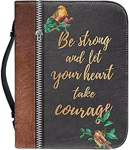 Suobstales Bird Zipper Print Bible Cover for Women Men Let Your Heart Take Courage PU Leather Bible Cover Case Book Carrying Bag with Handle and Pocket Tote Scripture Organizer Pen Holder, M