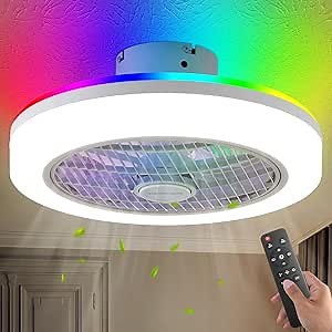 Low Profile Ceiling Fan with Light Remote Control, Modern Bladeless Ceiling Fan with RGB Light for Bedroom Kitchen
